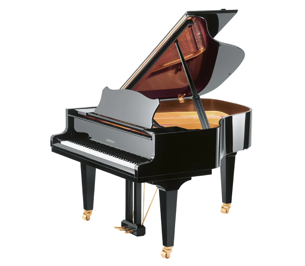 Piano de cauda preto aberto, ideal para reforma de pianos acústicos. Marca Grotrian.