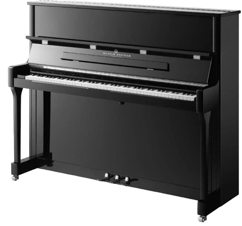 Piano vertical preto Wilhelm Grotrian, ideal para reforma de pianos acústicos.