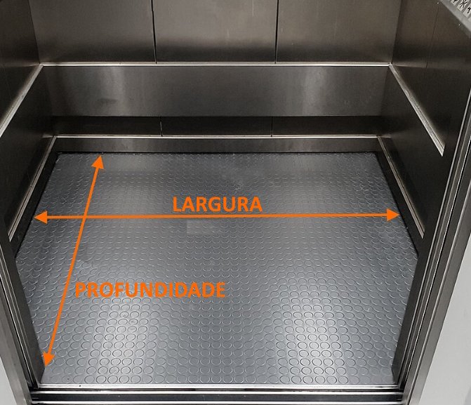Interior de elevador com marcações de largura e profundidade. Transporte de pianos verticais.