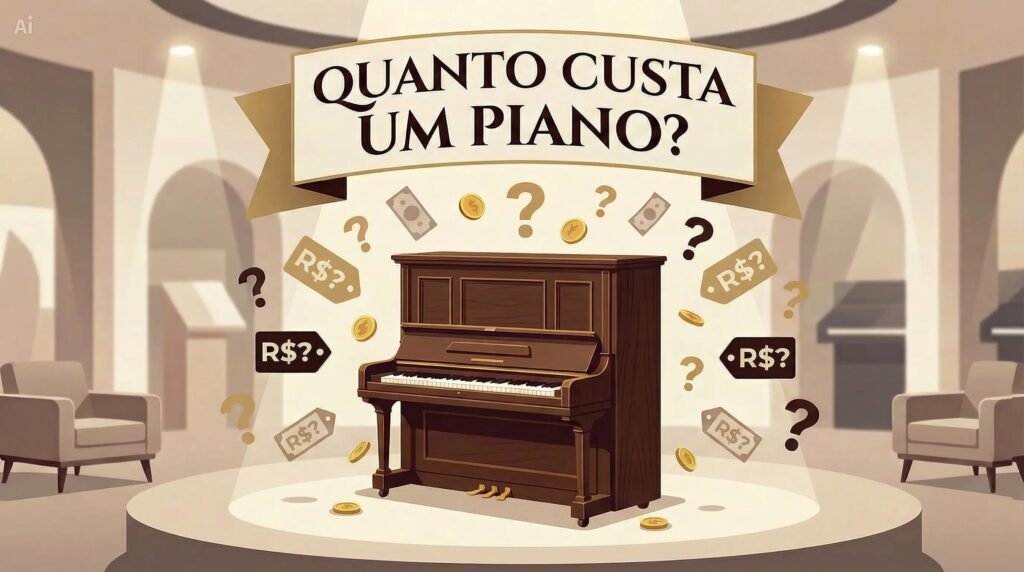 Quanto custa um piano? Imagem ilustrativa de um piano com moedas e pontos de interrogação. Aluguel de piano.