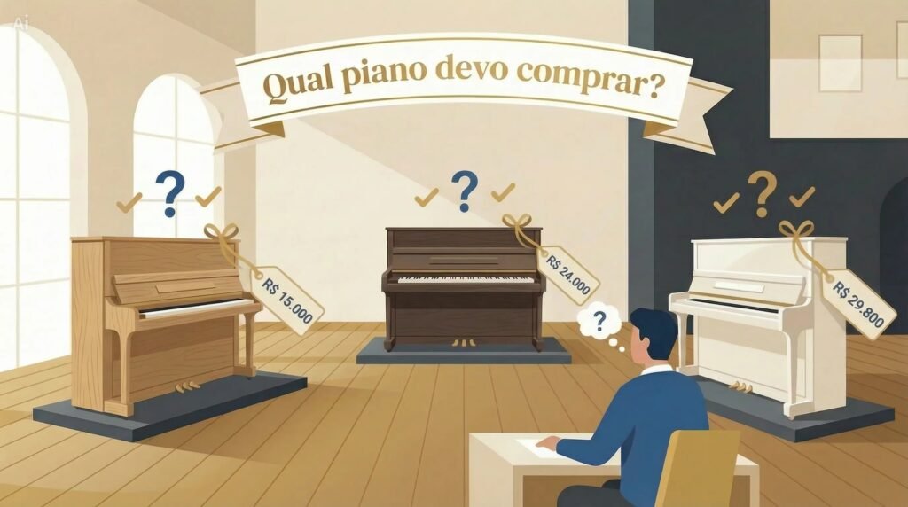 Três pianos com etiquetas de preço. Texto: "Qual piano devo comprar?". Aluguel de piano acústico para estudo.