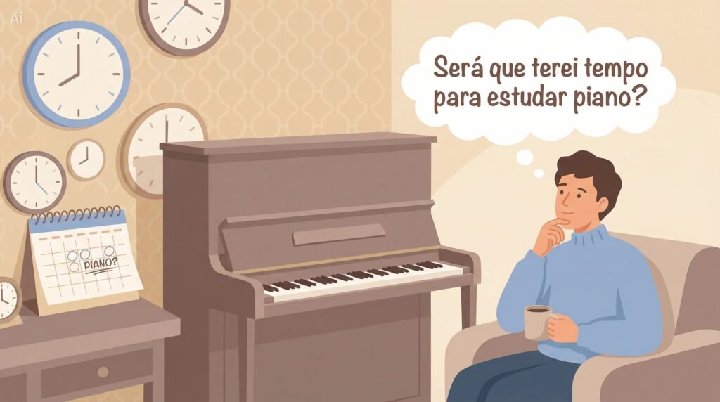 Homem pensando em estudar piano, com calendário marcando "Piano?". Aluguel de piano acústico.