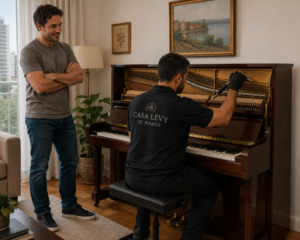 Técnico especializado afinando piano acústico, serviço incluído no aluguel mensal pela Casa Levy