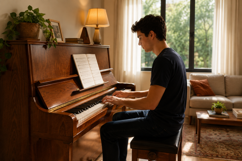 "Aluno iniciante estudando piano acústico vertical em casa em São Paulo com instrumento alugado da Casa Levy