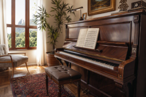 Piano acústico restaurado em uma sala de música