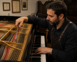 Técnico realizando a afinação das cordas de um piano de cauda