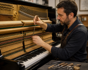 Técnico especializado realizando reparo no mecanismo interno de um piano acústico em uam oficina de pianos